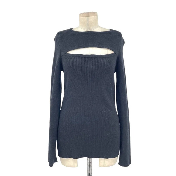 Torn by Ronny Kobo Cut Out‎ Neckline Black Long Sleeve Ribbed Sweater Size Large - Picture 1 of 8